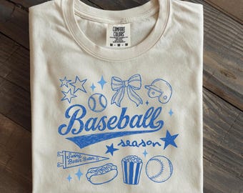 Baseball Season doodle tee T-Shirt | baseball icons, popcorn, helmet, pennant