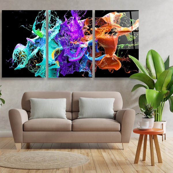 Abstract Splash Colorful Paint Triptych Tempered Glass Printing Wall Art-Modern Extra Large Wall Decor for Home And Office-Three Panel Art