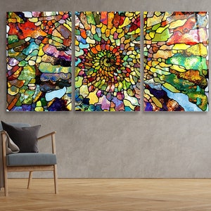 Colorful Abstract Triptych Tempered Glass Printing Wall Art modern