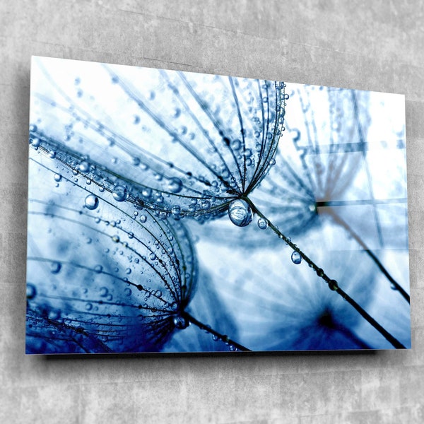 Blue Dandelions Flowers Landscape Tempered Glass Printing Wall Art-Interior Design Wall Decor -Housewarming Gift-Wall Hanging for Room Decor