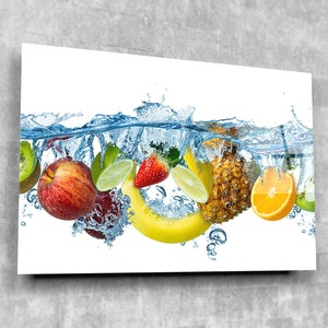 Fruits Water Splash On White Background,Fruit Landscape Tempered Glass Printing Wall Art-Extra Large Wall Hangings for Kitchen And Home Deco