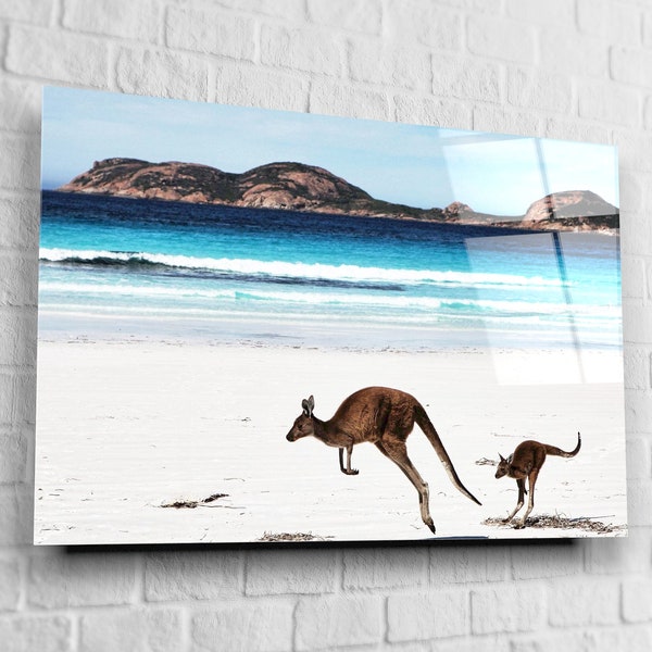 Kangaroos Jumping On The Beach,Animal Landscape Tempered Glass Printing Wall Art-Extra Large Wall Decor for House-Modern Glass Wall Hangings