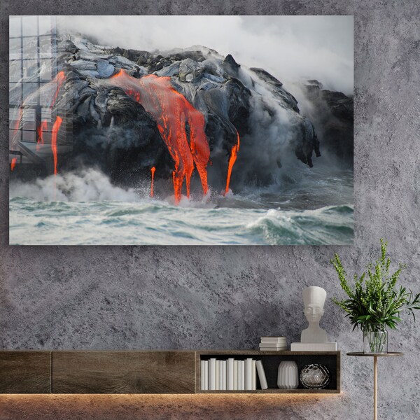 Volcano Flows The Ocean Tempered Glass Printing Wall Art-Modern Extra Large Wall Deco-Wall Hangings for Living Room And Office-Home Gifts