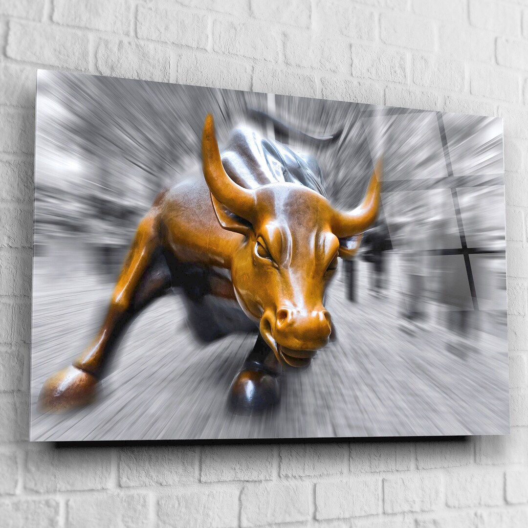 Sculpture of Wall Street Bull Tempered Glass Printing Wall Art Interior