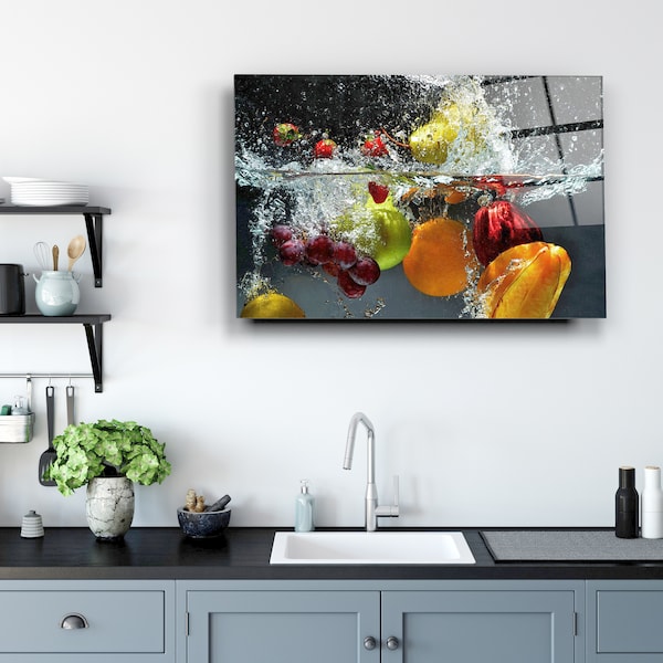 Fruits Water Splash On Gray Background,Fruit Landscape Tempered Glass Printing Wall Art-Extra Large Wall Hangings for Kitchen And Home Decor