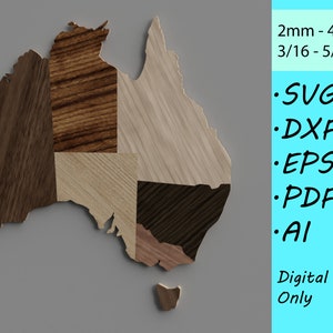 Mapa de pared de madera de Australia cortado con láser - Archivos vectoriales digitales para cortar - Formatos dxf, svg, pdf - Arte de pared australiano