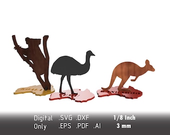 Australia animal figures laser cut files - kangaroo, emu, platypus - digital design for laser cutter - dxf, svg, eps, pdf, ai