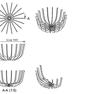 May include: A black and white line drawing of a circular wire brush with 24 bristles. The brush is 12.44 inches in diameter. The drawing also shows a 3D view of the brush in a bowl shape. The bowl is 6.46 inches tall and 12.44 inches wide. The drawing includes the text "A-A (1:5)".