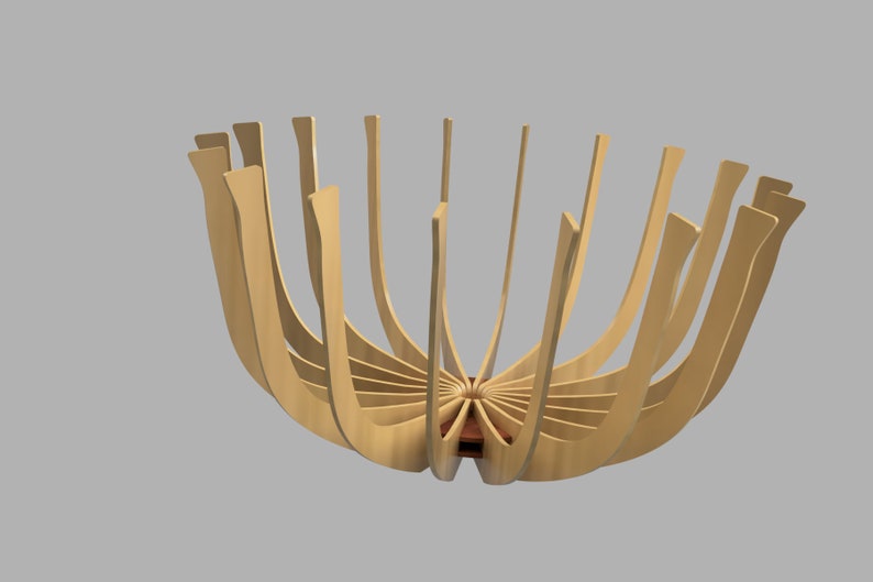 May include: A wooden bowl with a unique design, featuring multiple curved slats that create a radial pattern. The bowl is made of light brown wood and has a natural finish.