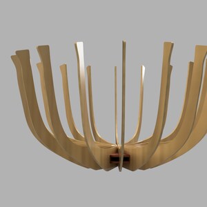 May include: A wooden light fixture with a unique design. The fixture is made of multiple curved pieces of wood that are joined together to create a spherical shape.