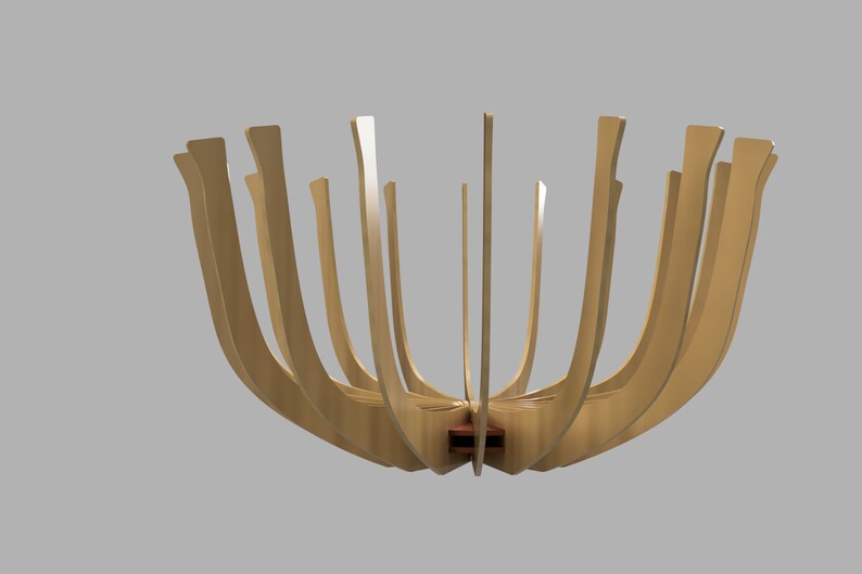May include: A wooden light fixture with a unique design. The fixture is made of multiple curved pieces of wood that are joined together to create a spherical shape.