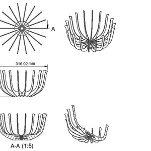May include: A black and white line drawing of a round, open-ended, wire mesh basket with a diameter of 316.02 mm and a height of 163.99 mm. The basket is shown in four different views, including a cross-section view labeled "A-A (1:5)".