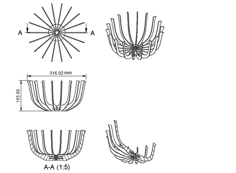 May include: A black and white line drawing of a round, open-ended, wire mesh basket with a diameter of 316.02 mm and a height of 163.99 mm. The basket is shown in four different views, including a cross-section view labeled "A-A (1:5)".