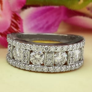 Unique Round Cut Moissanite Wide Half Eternity Wedding Band For Women, Anniversary Ring For Women, Bridal Ring