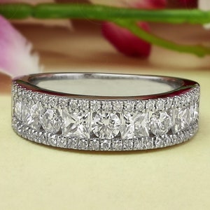 Round And Princess Cut Moissanite Band, Channel Set Princess Cut Wedding Band Women, Half Eternity Anniversary Ring, 925 Silver Promise Ring