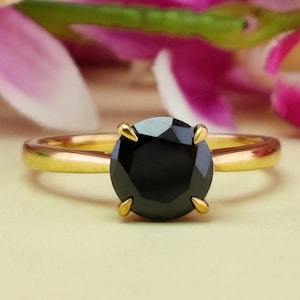 Natur inspiriert Tulip Settling schwarzer Moissanite Solitaire Verlobungsring für sie, einzelner schwarzer Steinring, einzigartiger Versprechensring
