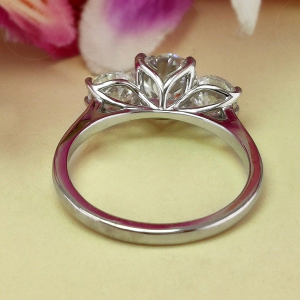 Tulip Setting 3 Stone Moissanite Ring, Three Stone Engagement Ring, Triple Round Stone Ring, 935 Silver & Gold Wedding Promise Ring Women