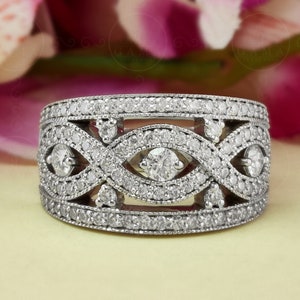 Infinity Promise Ring, Art Deco Vintage Wedding Band, Wide Moissanite Anniversary Rings, Milgrain Bands For Women, Silver & Gold Thick Band