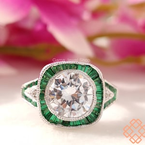4.25 Ct Round Moissanite Art deco Estate Engagement ring, Sterling silver Ring, Vintage Wedding Ring, Anniversary Ring for women