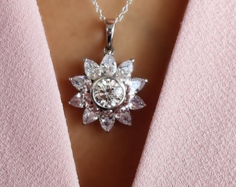 Floral Necklaces For Women, Flower Necklace, Nature Inspired Necklace, Starburst Necklace Silver, Moissanite Diamond Necklace, Gift For Her