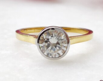 1 Ct Moissanite Solitaire Engagement Ring, Sterling Silver Two Tone Bezel Set
