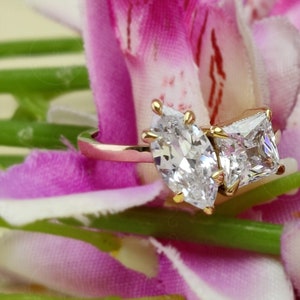 Two Stone Moissanite Engagement Ring, Marquise And Round Toi Et Moi Ring, Double Stone Ring, Solid Gold Promise Ring For Women