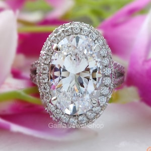Celebrity Inspired Large Oval Cut Moissanite Hidden Halo Engagement ring, Sterling Silver Cocktail Ring, Promise Ring, Split Shank Ring