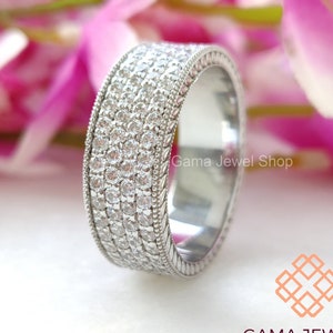 9 mm runde Brilliant Moissanit Diamant voller Ewigkeit Vintage Style Ehering, 925 Sterling Silber, Jubiläumsband, Stapelringe