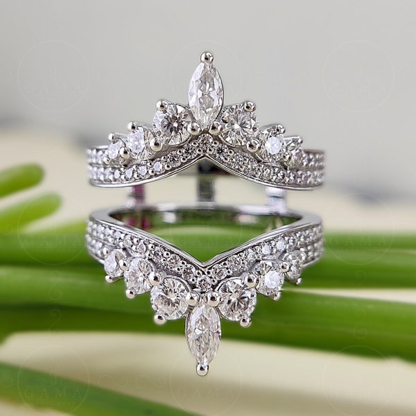 Art Deco Moissanite Ring Enhancers And Wraps, Engagement Ring Jacket, Double V Shaped Wedding Bands, Womens Ring Guard, Enhancer Ring