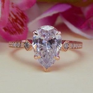3 Carat Pear Cut Moissanite Ring, Pear Shaped Vintage Engagement Ring, Milgrain Art Deco Ring, 925 Silver Solitaire Ring, Big Stone Ring