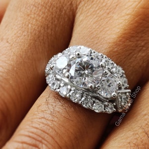 3.25 Ct 3 Stone Round Moissanite Vintage Engagement ring, 935 Argentium Silver, Estate Wedding Ring, Bridal jewelry, Gift for her