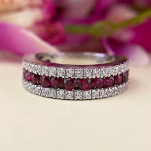 Ruby And Moissanite Wedding Band Women, Channel Set Ruby Half Eternity Band, Wide Anniversary Rings, July Birthstone Ring, Stackable Ring