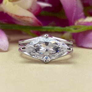 East West Marquise Cut Moissanite Ring, Marquise Cut Solitaire Engagement Ring, Gold Horizontal Ring, Sideways Marquise Ring For Women