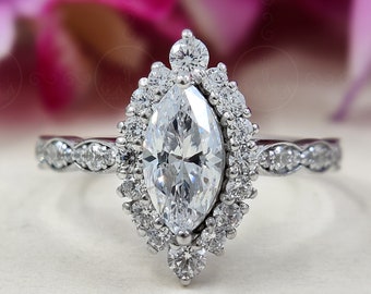 Marquise Cut Moissanite Halo Engagement Ring, Art Deco 925 Silver Wedding Band For Bride