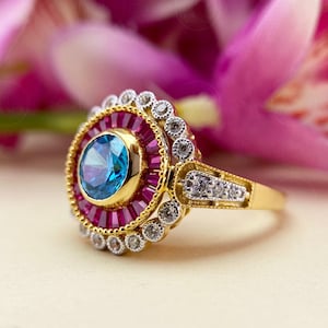 Antique Art Deco Engagement Ring, Vintage Aquamarine Ring For Women, Ruby Target Ring, Two Tone 925 Silver Vintage Ring, Milgrain Ring