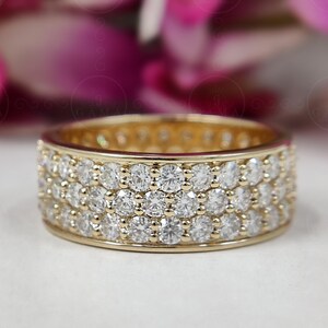 Micro Pave Three Row Round Cut Moissanite Full Eternity Wedding Band, Wide Anniversary Band For Her, Triple Row Bridal Band