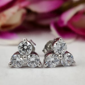 3 Stone Round Cut Moissanite Sparkling Stud Earrings, Three Stone Moissanite Cluster Anniversary Earrings, Everyday Stud Earrings For Women