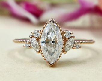 Unique Art Deco Engagement Ring, Moissanite Marquise Cut Ring For Women, Rose Gold Wedding Ring, Promise Ring For Her, Solitaire Ring