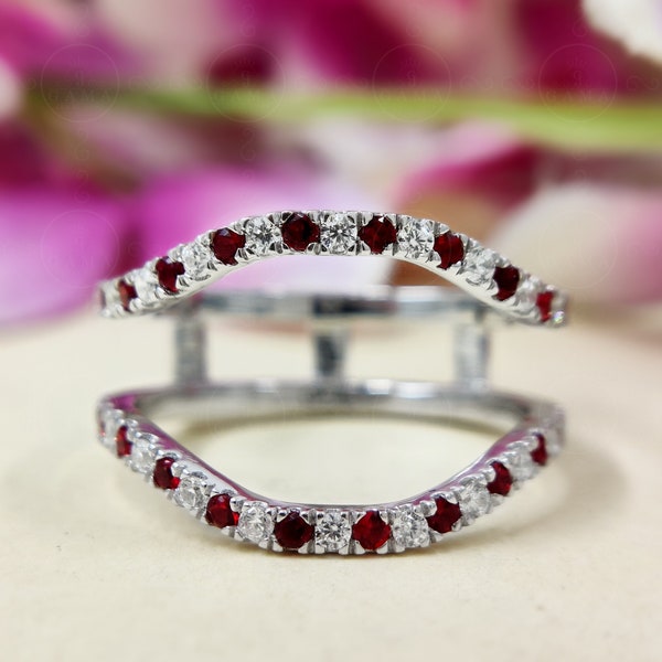 Alternating Ruby And Diamond Ring Enhancer, Double Curved Wedding Bands, Engagement Ring Jacket, Simulated Diamond Ring Guard