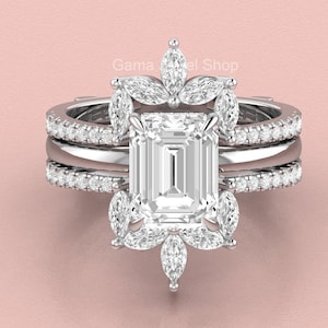Art Deco Moissanite Wedding Ring Set, Emerald Cut Engagement Rings Sets, Hidden Halo Ring Sets For Women, Unique Enhancer Ring Set