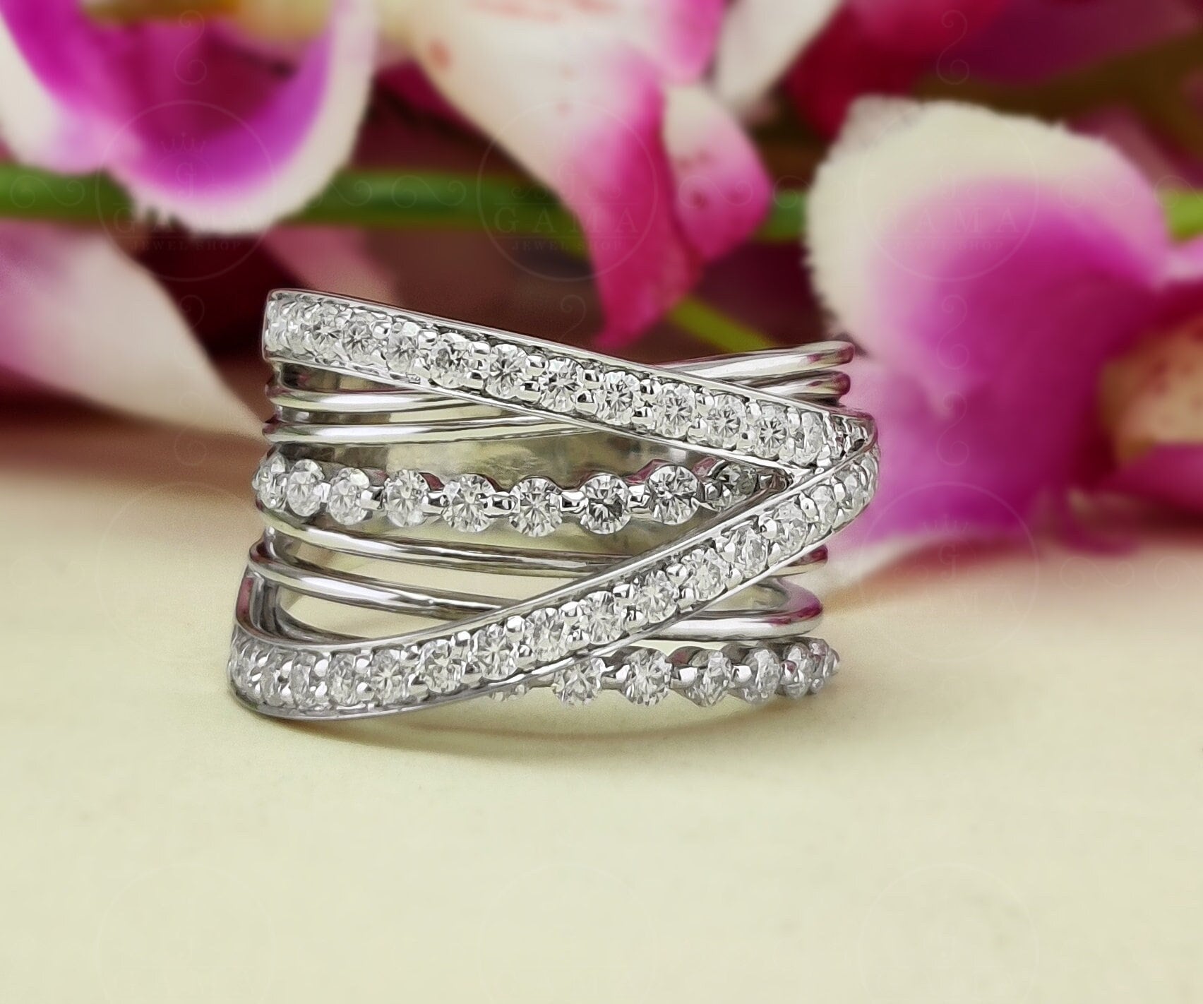 Moissanite Crossover Statement Ring, Multi Row Cocktail Ring, Multi Layered Anniversary Ring For Women, Unique Large Right Hand Ring
