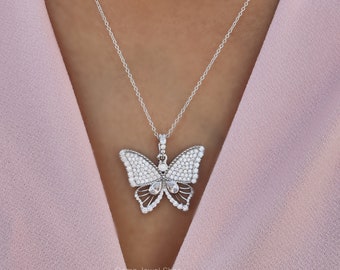 Moissanite Diamond Butterfly Pendant, 925 Sterling Silver Necklace