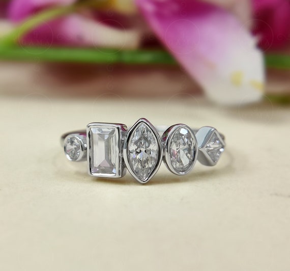Moissanite Five Stone Ring, 925 Sterling Silver Bezel Set Anniversary Ring
