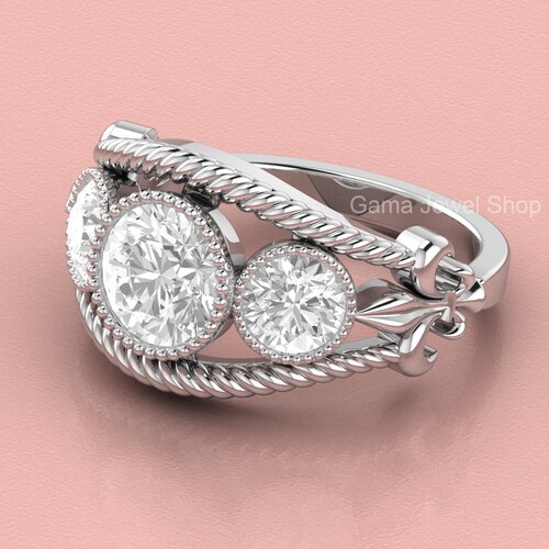 Art Deco Engagement Ring, 3 Stone Moissanite Ring, Vintage Antique Rings For Women, 925 Silver Bezel Set shops Moissanite Ring, Estate Ring