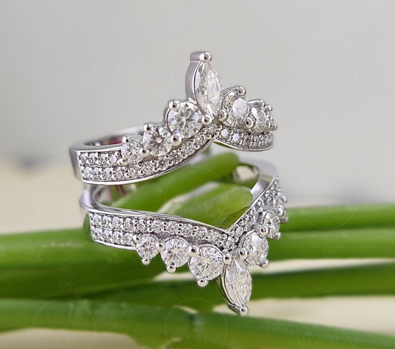 Art Deco Moissanite Ring Enhancers and Wraps Engagement Ring Jacket Double V Shaped Wedding Bands Womens Ring Guard Enhancer Ring