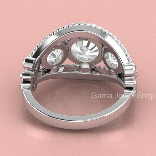 Art Deco Engagement Ring, 3 Stone Moissanite Ring, Vintage Antique Rings For Women, 925 Silver Bezel Set shops Moissanite Ring, Estate Ring