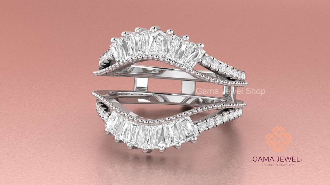 Baguette Moissanite Enhancer Ring, Double Curved Wedding Band Women, Silver Ring Jacket, 925