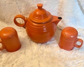 Persimmon Fiesta Ware Enamel Metal Tea Pot and Oven-top Salt and Pepper Shakers