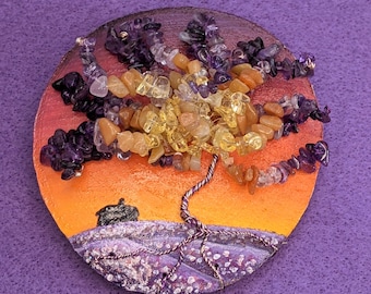 Purple Majesty  Beaded Tree Wall Decor - wire tree, wood painting, gemstone beads, sunset