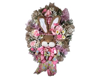 Easter Bunny Floral and Mesh Wreath, Front Door Easter Wreath, Spring Wreath, Easter Wreath, Easter Decor, Bunny wreath